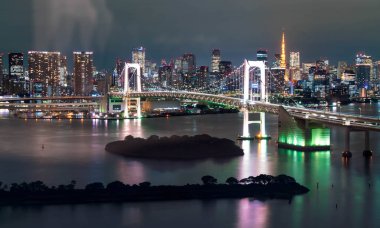 Tokyo siluetinin Tokyo kule ve Gökkuşağı Köprüsü ile. 