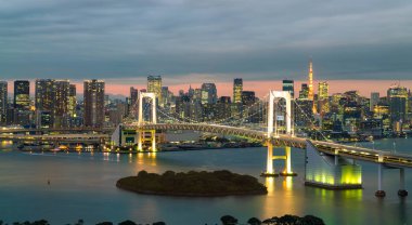 Tokyo siluetinin Tokyo kule ve Gökkuşağı Köprüsü ile. 