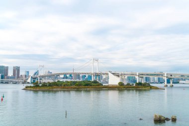 Tokyo siluetinin Tokyo kule ve Gökkuşağı Köprüsü ile. 