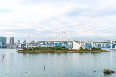 Tokyo siluetinin Tokyo kule ve Gökkuşağı Köprüsü ile. 