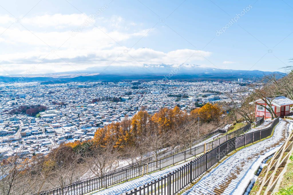 kawaguchiko city skyline with snow 