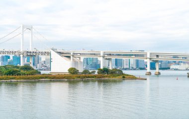 Tokyo siluetinin Tokyo kule ve Gökkuşağı Köprüsü ile. 