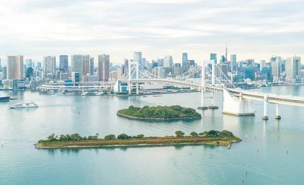 De skyline van Tokyo met Tokyo tower en rainbow bridge. — Stockfoto