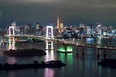 Tokyo siluetinin Tokyo kule ve Gökkuşağı Köprüsü ile. 