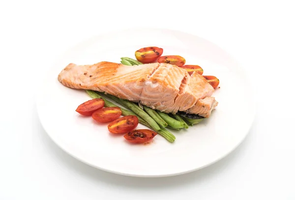 Grilled salmon steak on white — Stock Photo, Image