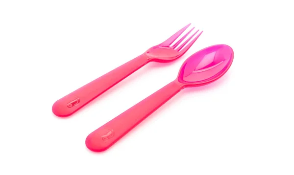 Red plastic spoon and fork — Stock Photo, Image