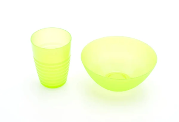 Zöld műanyag tálba, és üveg — Stock Fotó