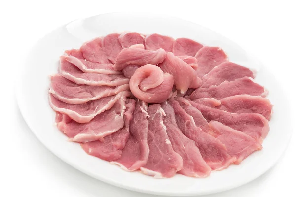 화이트에 신선한 슬라이스 돼지고기 — 스톡 사진