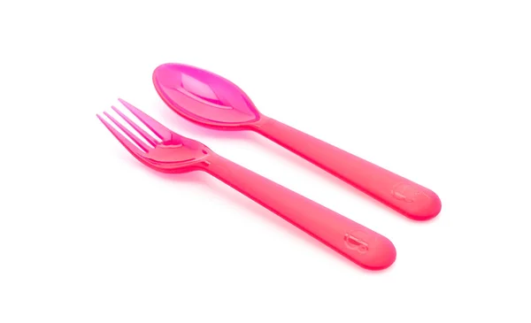 Red plastic spoon and fork — Stock Photo, Image