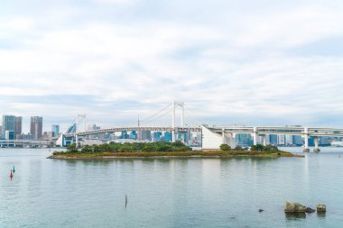 Tokyo siluetinin Tokyo kule ve Gökkuşağı Köprüsü ile. 