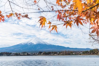 Japonya 'daki Kawaguchiko Gölü' nde Fuji Dağı..