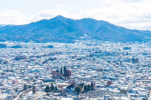 Kawaguchiko şehir manzarası ile kar 