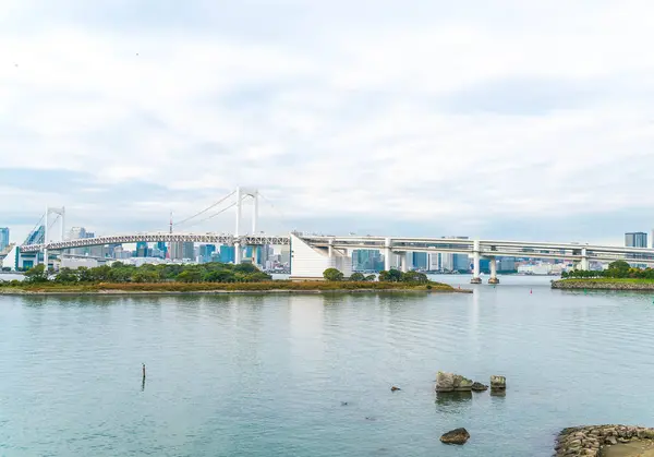 Tokyo siluetinin Tokyo kule ve Gökkuşağı Köprüsü ile. 