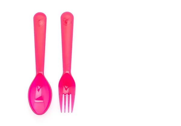 Red plastic spoon and fork — Stock Photo, Image