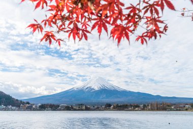 Japonya 'daki Kawaguchiko Gölü' nde Fuji Dağı..