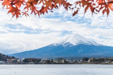 Japonya 'daki Kawaguchiko Gölü' nde Fuji Dağı..