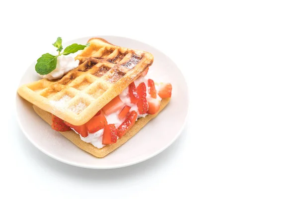 Waffle with strawberry on white — Stock Photo, Image