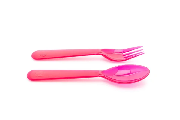 Red plastic spoon and fork — Stock Photo, Image