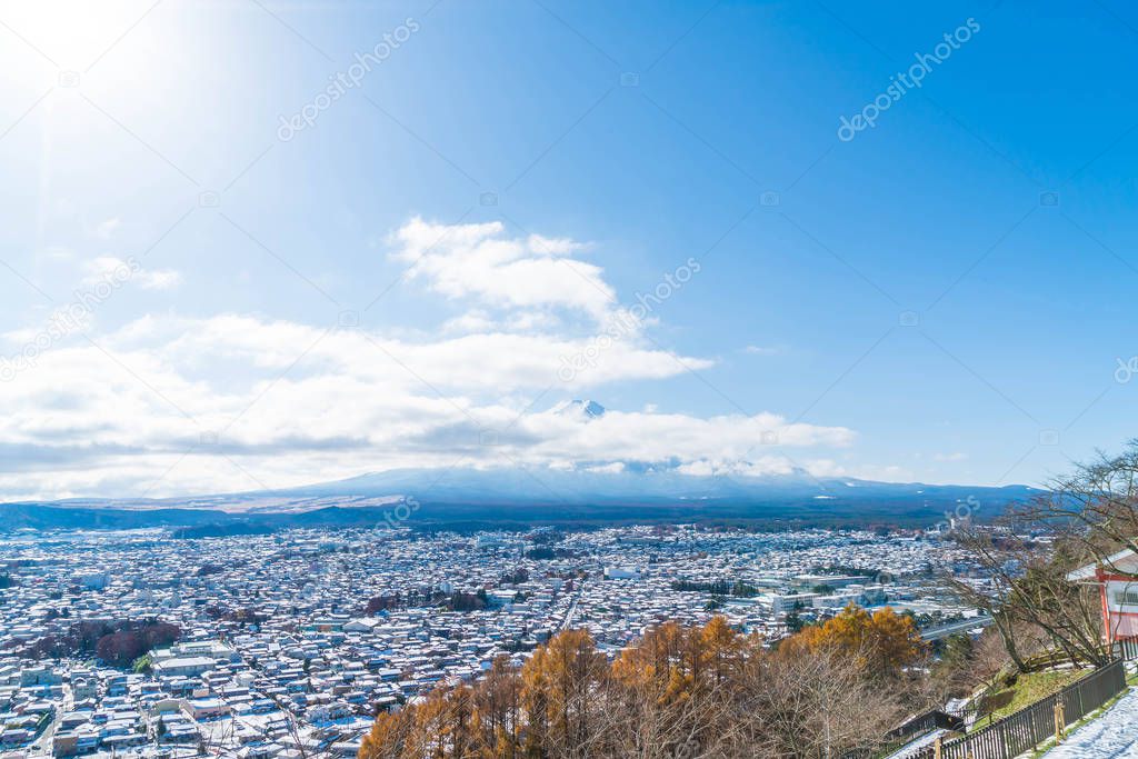 kawaguchiko city skyline with snow 