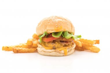 Ev yapımı taze lezzetli hamburger üzerinde beyaz backg izole Close-Up