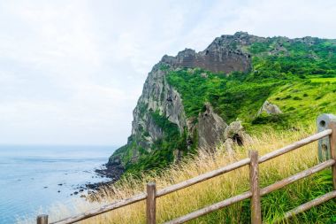 Jeju Adası'Seongsan Ilchulbong (volkanik koni) görünümünü.