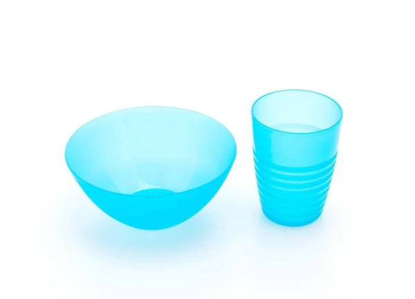 Kék műanyag tálba, és üveg — Stock Fotó