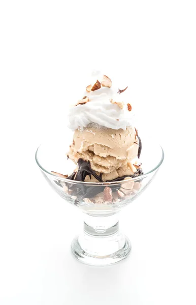 Vanilla ice cream with chocolate and whipped cream — Stock Photo, Image