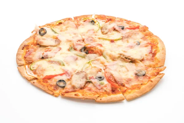 Kiełbasa i szynka pizza — Zdjęcie stockowe
