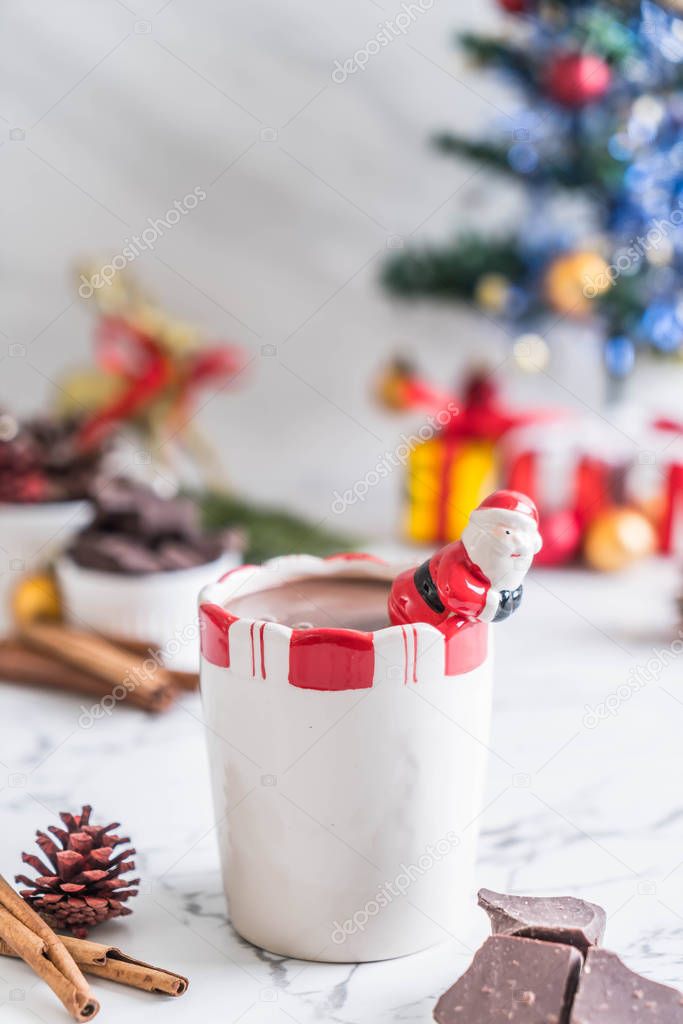 hot chocolate cup with christmas decoration 