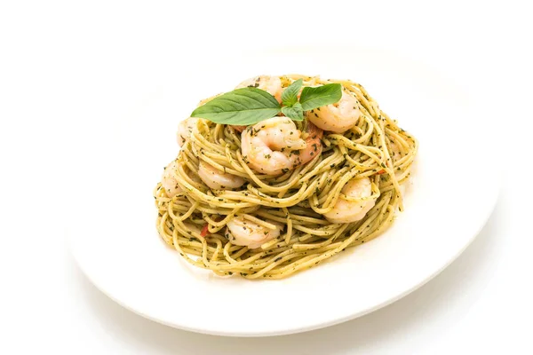 Makaron spaghetti z pesto zielony i krewetek — Zdjęcie stockowe