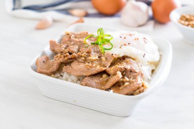 yumurta ile tepesinde pirinç Sarımsak soslu tavada kızartılmış domuz eti