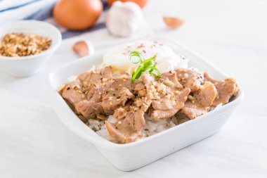 yumurta ile tepesinde pirinç Sarımsak soslu tavada kızartılmış domuz eti