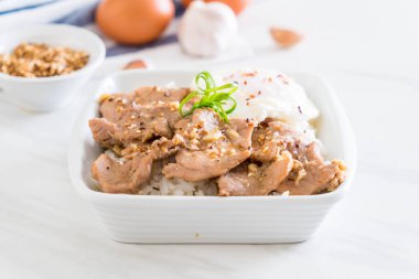 yumurta ile tepesinde pirinç Sarımsak soslu tavada kızartılmış domuz eti