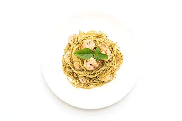 Pasta spaghetti med räkor och pesto grön — Stockfoto