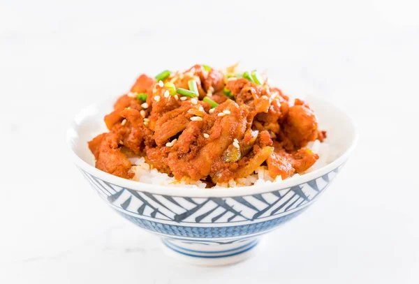 Gebakken varkensvlees met pikante Koreaanse saus (bulgogi) op top rijst — Stockfoto