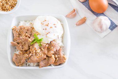 yumurta ile tepesinde pirinç Sarımsak soslu tavada kızartılmış domuz eti