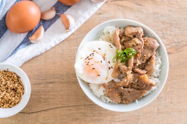 yumurta ile tepesinde pirinç Sarımsak soslu tavada kızartılmış domuz eti