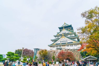 Osaka, Japonya - Kasım 20: Osaka Kalesi Park'ta kalabalık ziyaretçi. Ben
