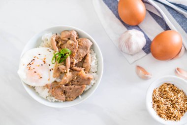 yumurta ile tepesinde pirinç Sarımsak soslu tavada kızartılmış domuz eti