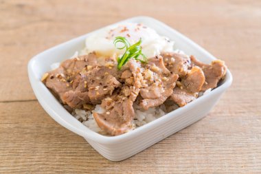 yumurta ile tepesinde pirinç Sarımsak soslu tavada kızartılmış domuz eti