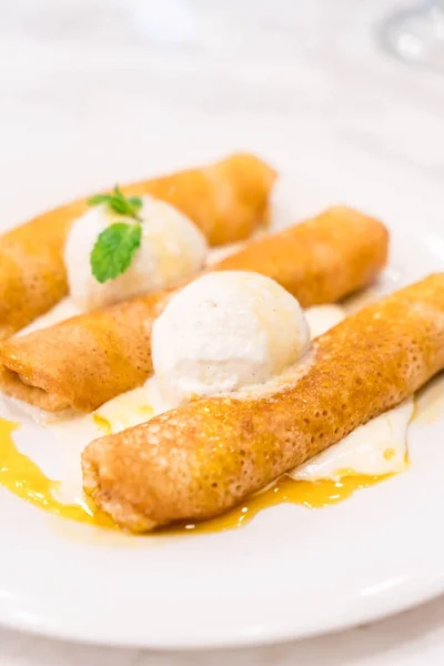 pancake roll with vanilla ice-cream