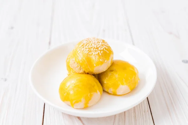 Chinese pastry or moon cake filled with mung bean paste and salt
