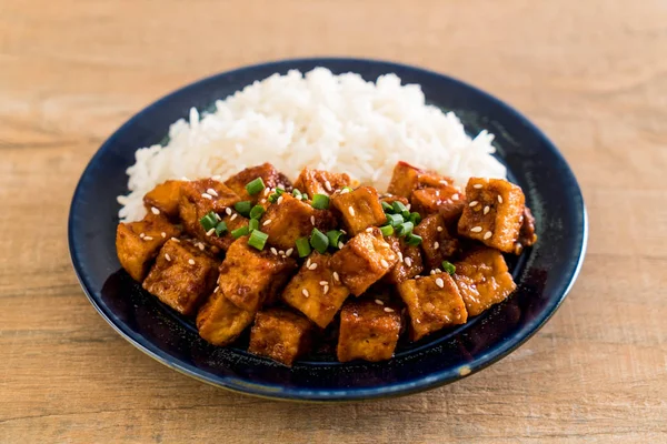 Rör stekt tofu med kryddig sås på ris — Stockfoto