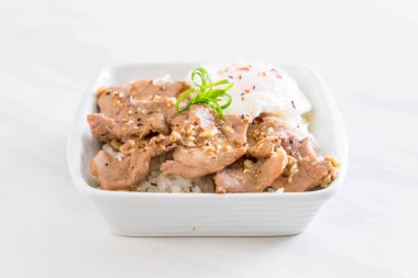 yumurta ile tepesinde pirinç Sarımsak soslu tavada kızartılmış domuz eti