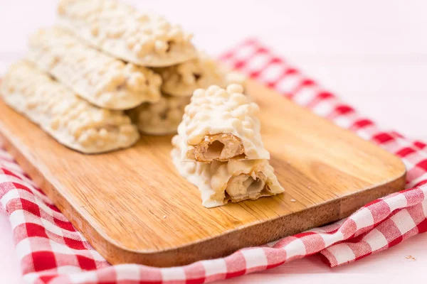 white chocolate with caramel and cereal crispy bar