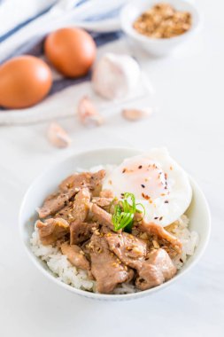 yumurta ile tepesinde pirinç Sarımsak soslu tavada kızartılmış domuz eti