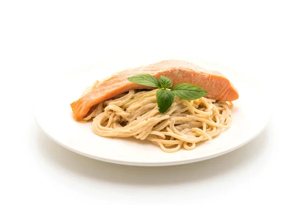 Spaghetti cream cheese white sauce with salmon — Stock Photo, Image