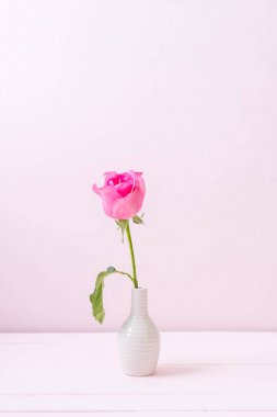 Ahşap arka plan üzerinde cam vazo içinde pembe Gül