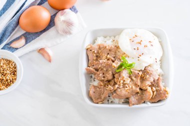 yumurta ile tepesinde pirinç Sarımsak soslu tavada kızartılmış domuz eti