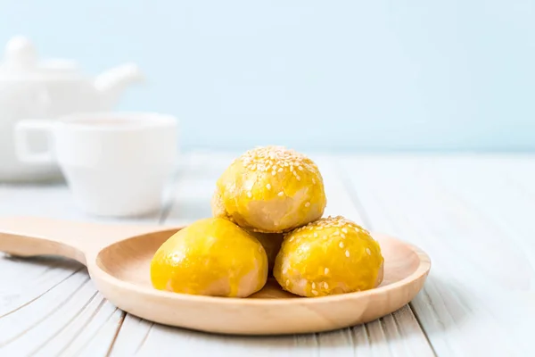 Chinese pastry or moon cake filled with mung bean paste and salt